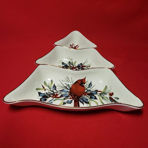 Lenox Winter Greetings Tree Divided Server Red Cardinal with Holly Gold Trim 199 - Picture 6 of 12
